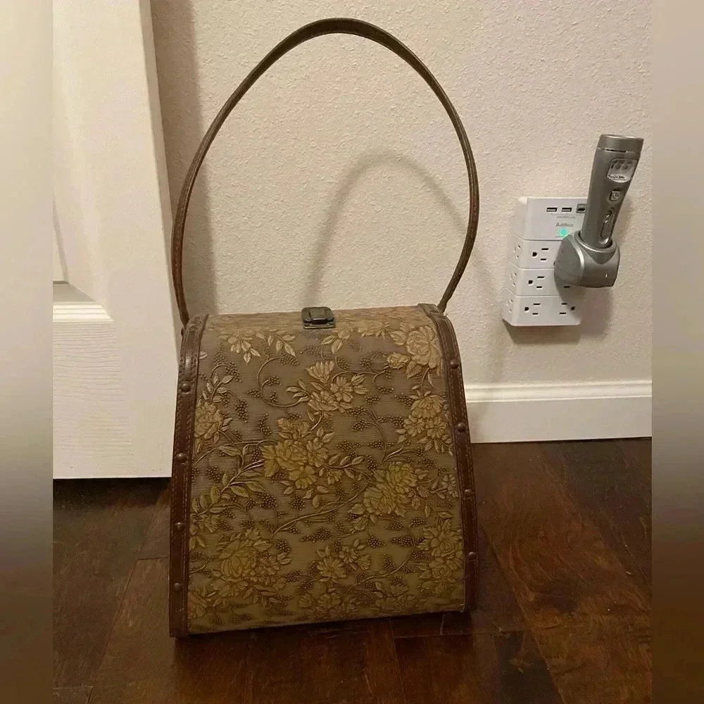 Vintage 60s Wooden Box Purse Floral Embossed Maroon Velvet Lining Handbag Bag